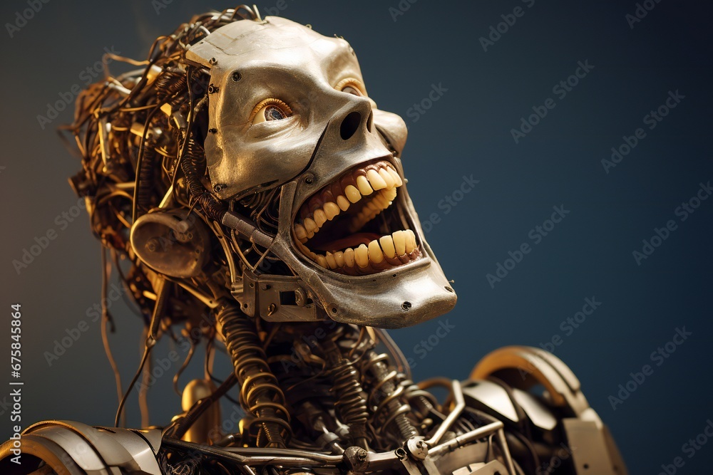 Aufkleber Funny and scary laughing cyborg, with empty copy space Generative AI 