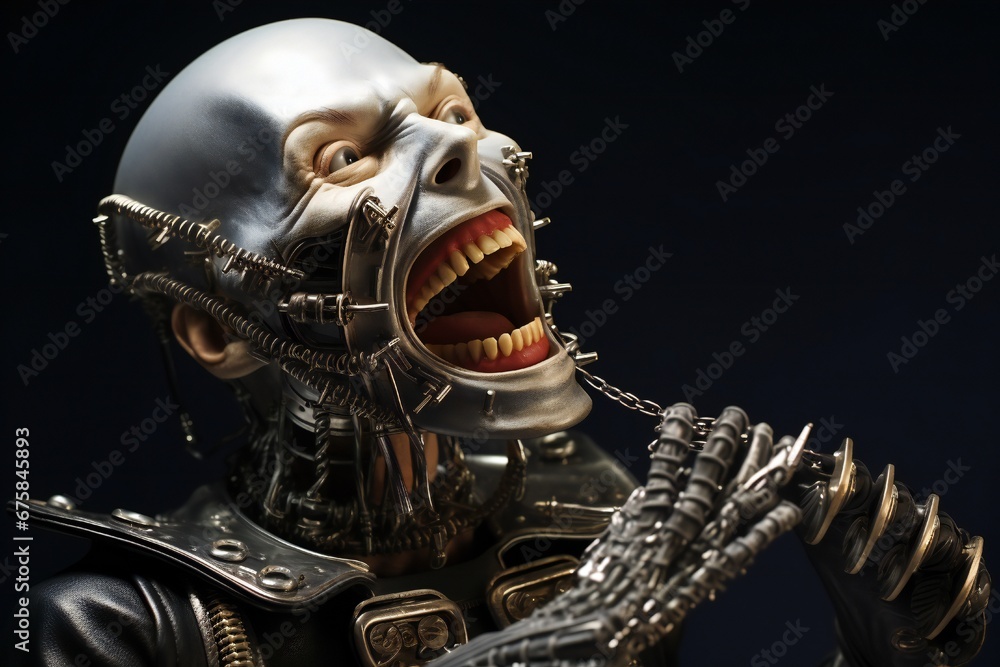 Aufkleber Funny and scary laughing cyborg, with empty copy space Generative AI 