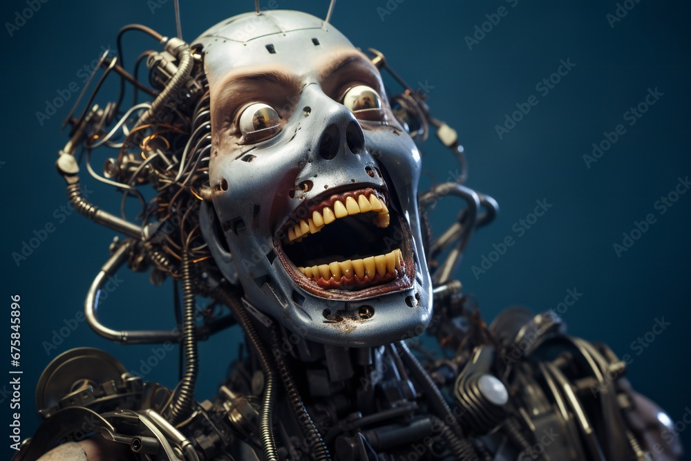Aufkleber funny and scary laughing cyborg, with empty copy space generative ai