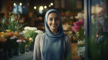 Blooming Business: Arabic Woman in Burqa Welcomes Patrons at Her Flourishing Flower Shop Entrance.