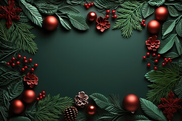 Natural frame with empty space for text decoration red balls and fir branches on a green background, Merry Christmas concept