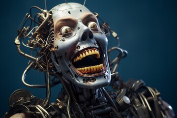 Fototapeta premium Funny and scary laughing cyborg, with empty copy space Generative AI 