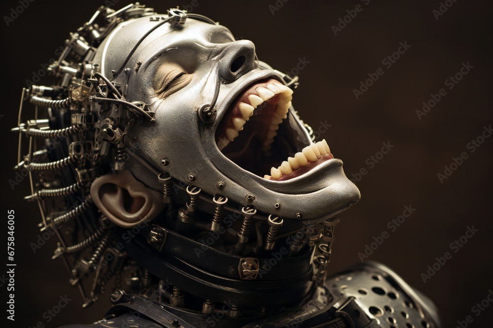 Aufkleber Funny and scary laughing cyborg, with empty copy space Generative AI 