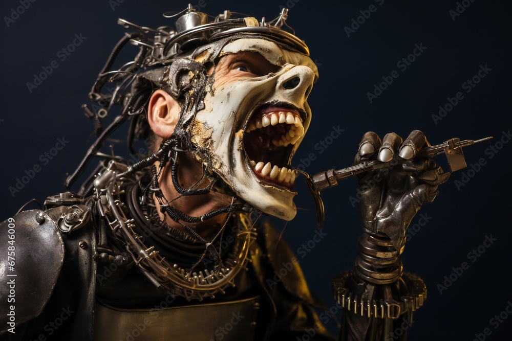 Aufkleber funny and scary laughing cyborg, with empty copy space generative ai