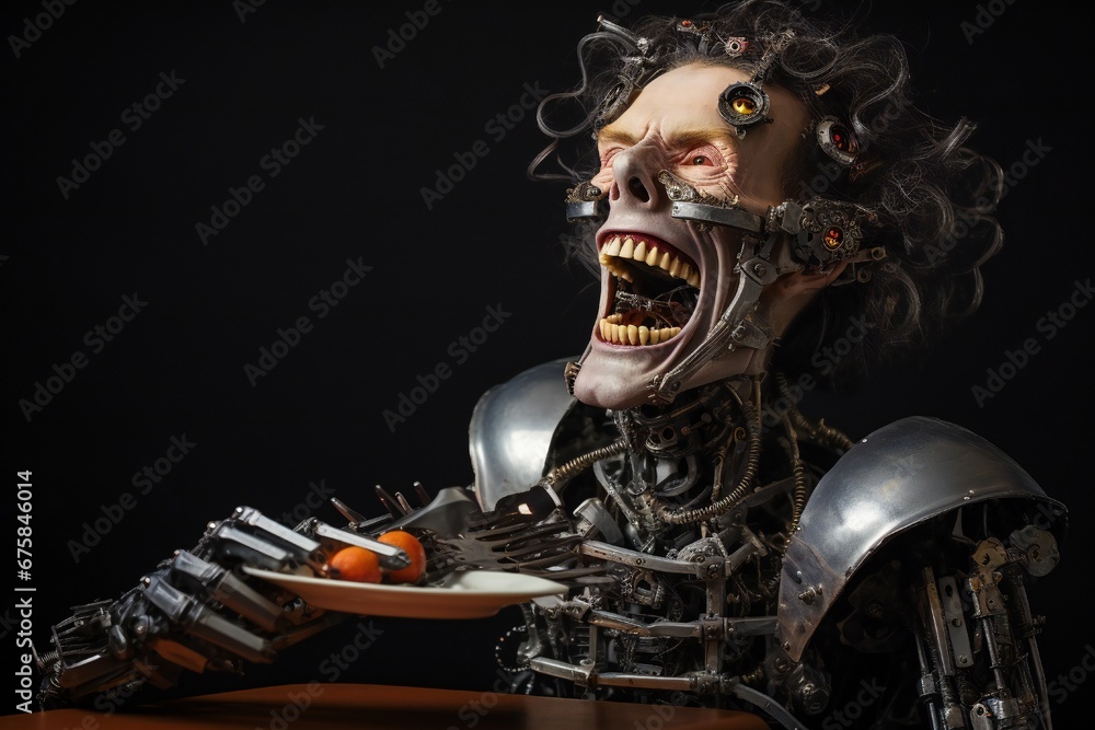 Aufkleber funny and scary laughing cyborg, with empty copy space generative ai