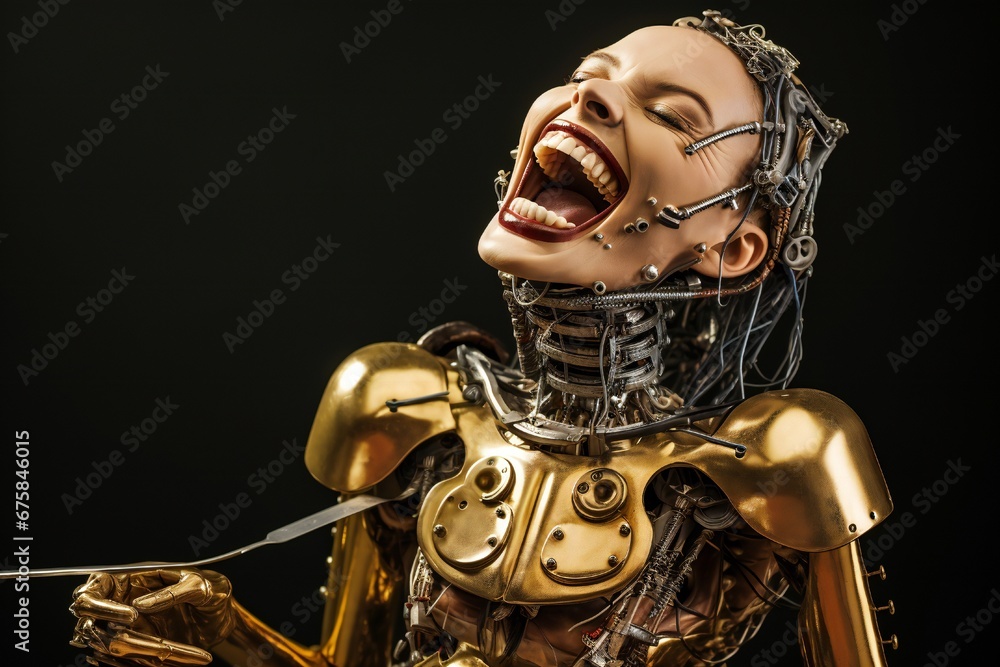 Aufkleber Funny and scary laughing cyborg, with empty copy space Generative AI 