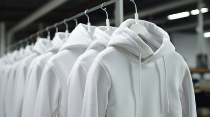 White Sweatshirts and Hoodies Neatly Hanging in a Retail Store Setting.