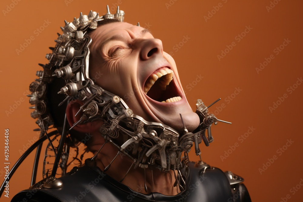 Aufkleber Funny and scary laughing cyborg, with empty copy space Generative AI 
