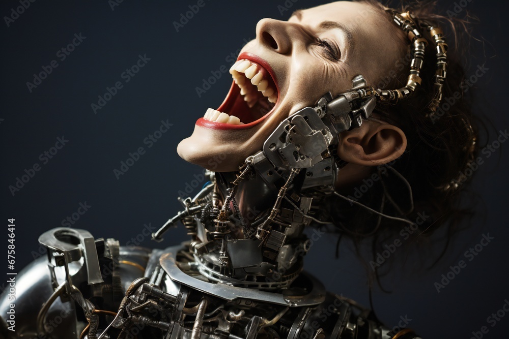Aufkleber funny and scary laughing cyborg, with empty copy space generative ai