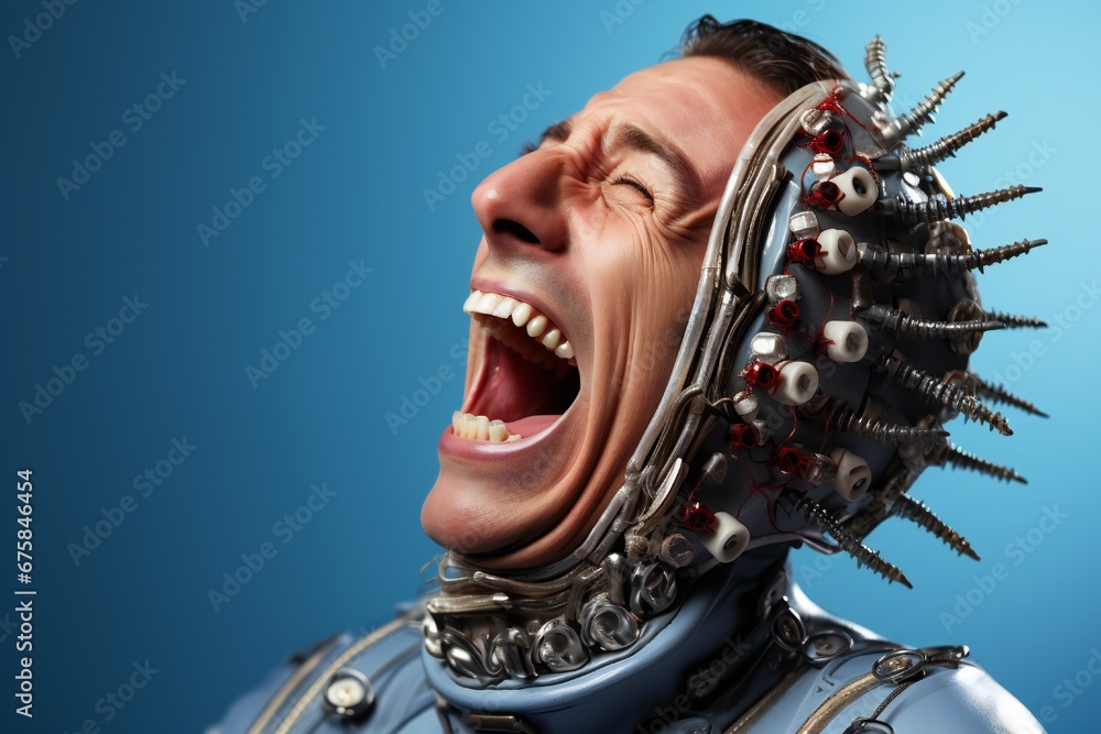 Aufkleber funny and scary laughing cyborg, with empty copy space generative ai