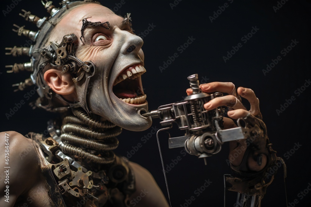 Leinwandbilder Funny and scary laughing cyborg, with empty copy space Generative AI 