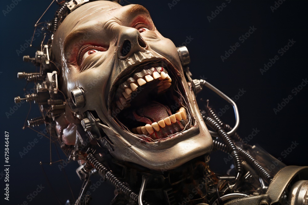 Aufkleber Funny and scary laughing cyborg, with empty copy space Generative AI 