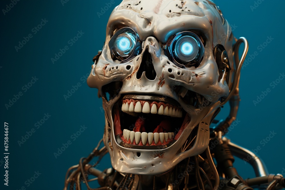 Aufkleber funny and scary laughing cyborg, with empty copy space generative ai
