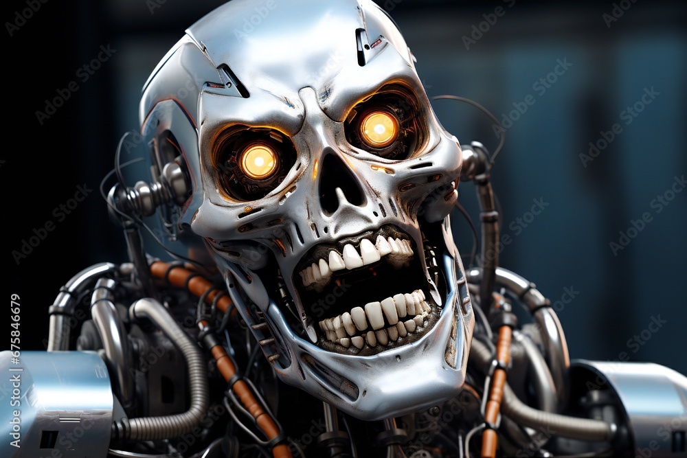 Poster Funny and scary laughing cyborg, with empty copy space Generative AI 