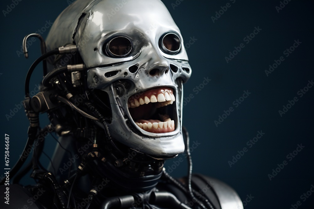 Aufkleber Funny and scary laughing cyborg, with empty copy space Generative AI 