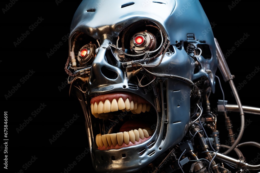 Poster Funny and scary laughing cyborg, with empty copy space Generative AI 