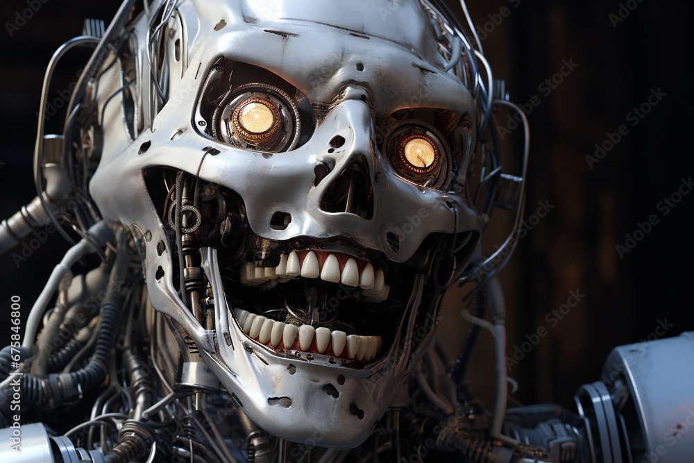 Poster funny and scary laughing cyborg, with empty copy space generative ai