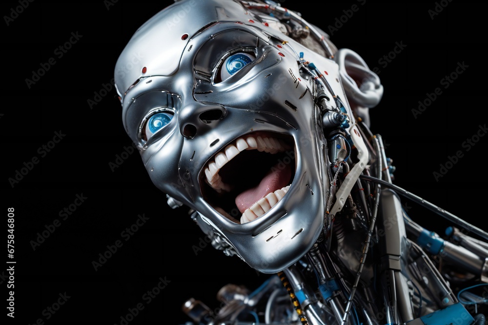 Poster funny and scary laughing cyborg, with empty copy space generative ai