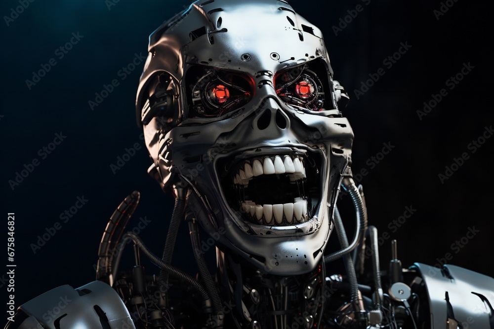 Leinwandbilder funny and scary laughing cyborg, with empty copy space generative ai