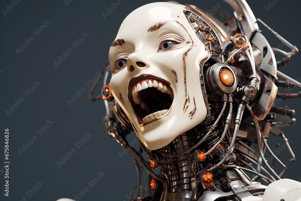 Poster funny and scary laughing cyborg, with empty copy space generative ai