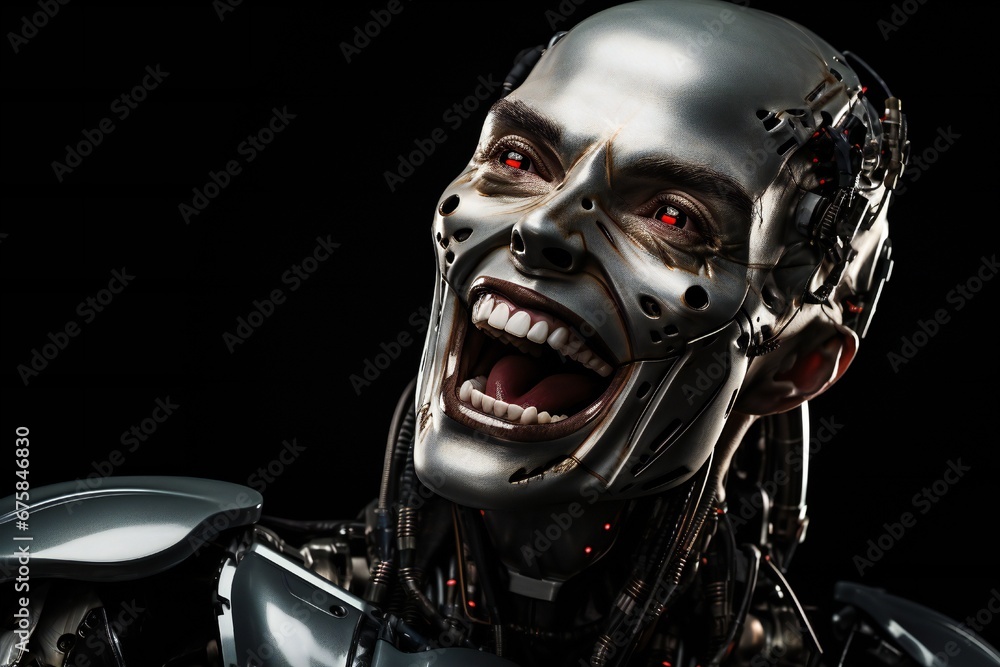 Poster funny and scary laughing cyborg, with empty copy space generative ai