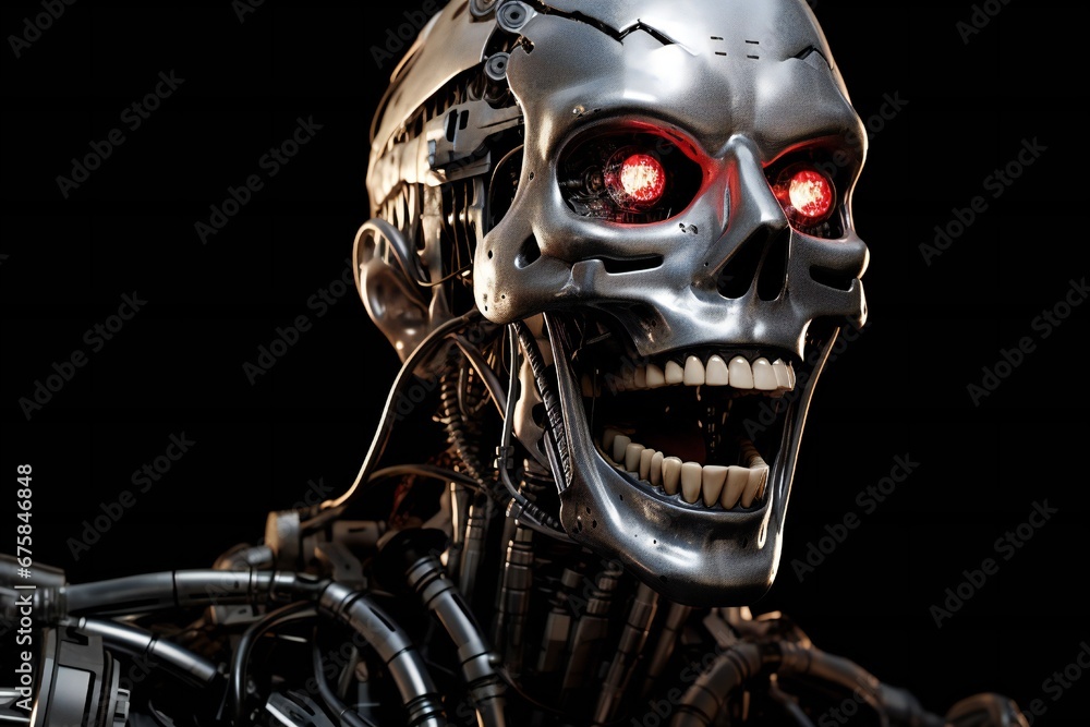 Fototapete funny and scary laughing cyborg, with empty copy space generative ai