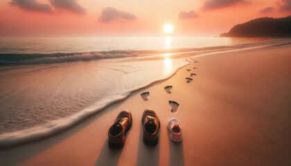 Golden hour at a serene beach, with shoes lined up next to fading human footprints in the sand - obrazy, fototapety, plakaty