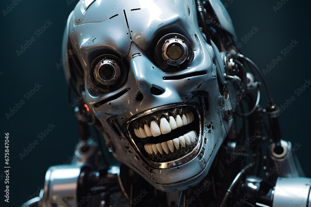 Fototapete funny and scary laughing cyborg, with empty copy space generative ai