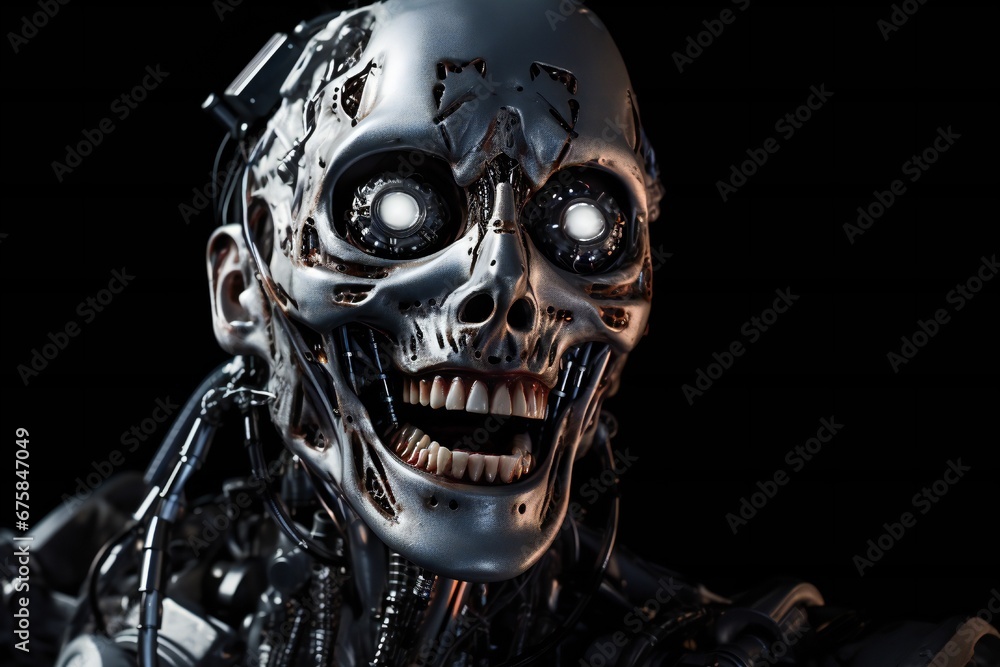 Poster funny and scary laughing cyborg, with empty copy space generative ai