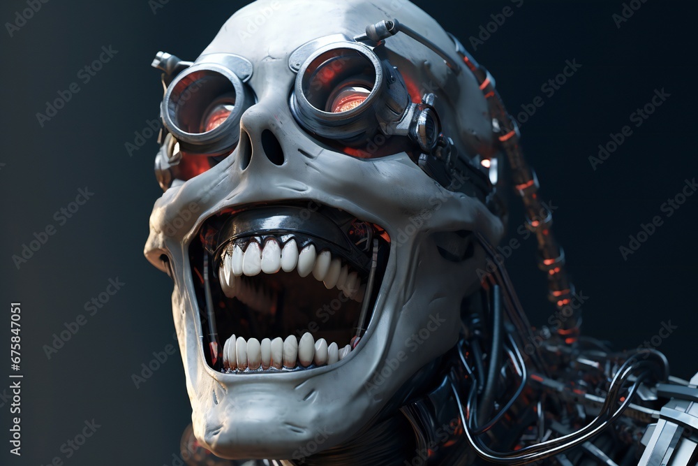 Fototapete funny and scary laughing cyborg, with empty copy space generative ai