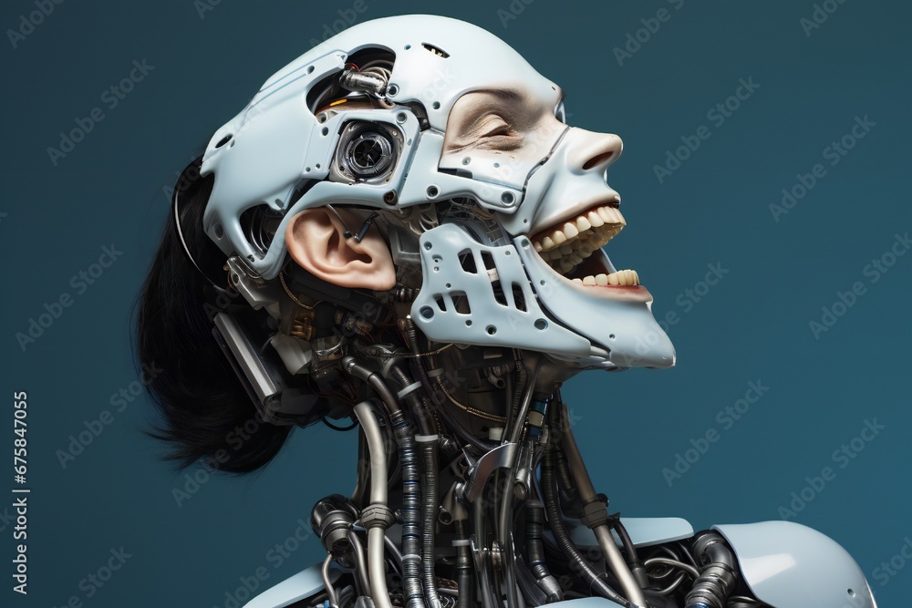 Aufkleber funny and scary laughing cyborg, with empty copy space generative ai