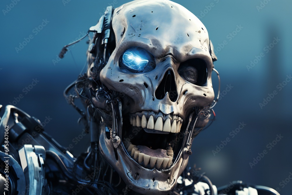 Leinwandbilder funny and scary laughing cyborg, with empty copy space generative ai