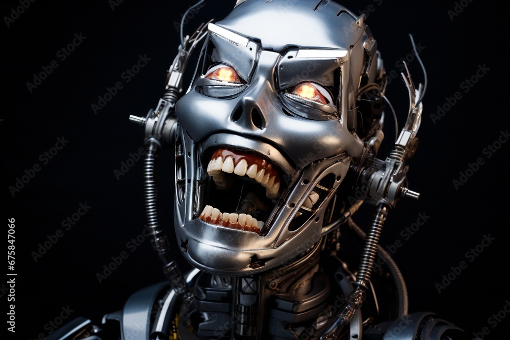 Poster funny and scary laughing cyborg, with empty copy space generative ai