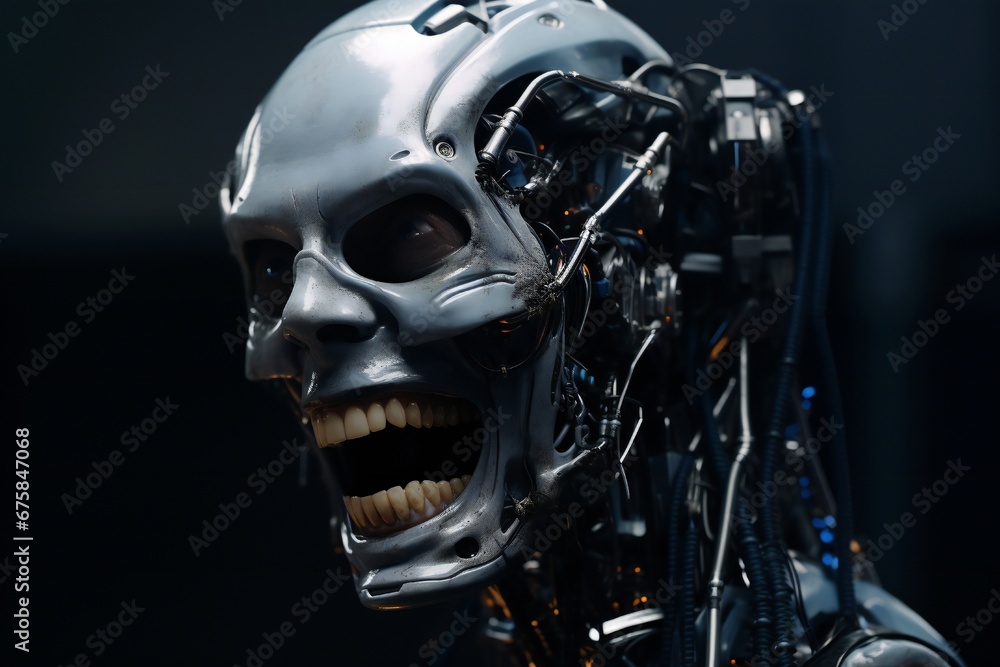 Poster Funny and scary laughing cyborg, with empty copy space Generative AI 