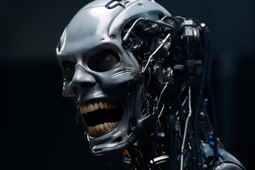 Funny and scary laughing cyborg, with empty copy space Generative AI 