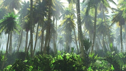 Obraz premium Beautiful jungle in a light haze, palm grove in the fog, 3D rendering