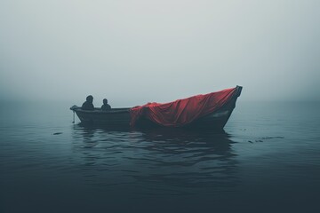 Large boat with illegal migrants at sea in the fog. Generative AI - obrazy, fototapety, plakaty