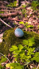Small pebble on a mossy rock in a forest setting.