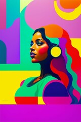 AI-generated pretty woman portrait with headphones on pop-style abstract colorful background