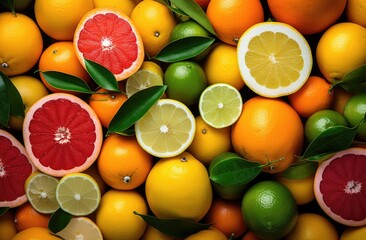 Slices of fresh juicy oranges, sweetie, lemons, grapefruits and limes. Citrus fruits cut pattern. Vibrant color summer design. Flat lay, top view