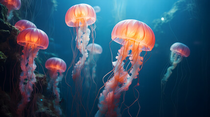 Jellyfish swim under blue water