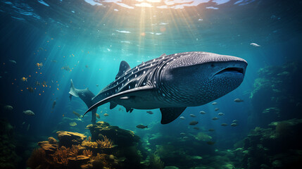 giant whale shark next to a school of fish under water