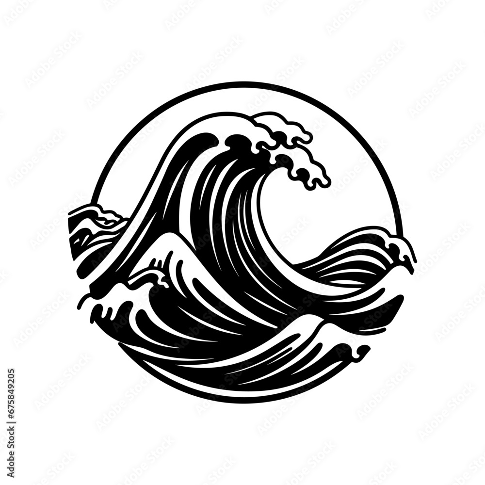 Poster sea wave icon. black and white image of a wave within a circular frame.