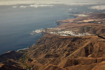 View of Agaete village and the coast of Gran Canaria shot from Llanos de la Mimbre viewpoint. 