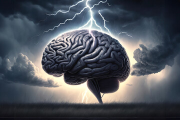 A gray brain in a stormy and dark environment - obrazy, fototapety, plakaty