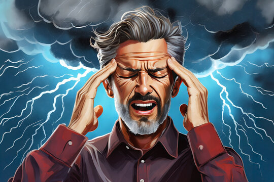 A man with a terrible headache in a stormy environment