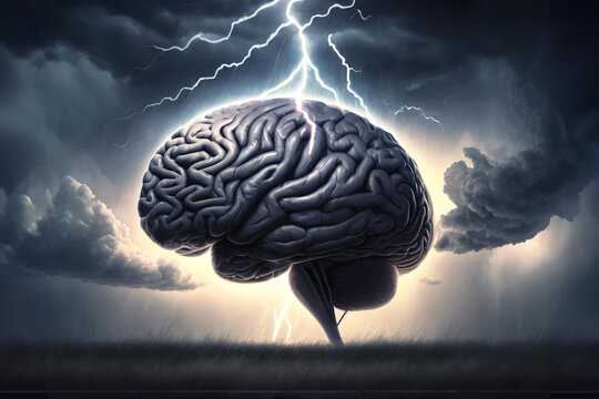 A gray brain in a stormy and dark environment