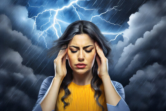 A woman with a terrible headache in a stormy environment