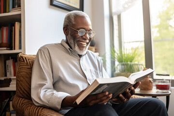 The portrait of a black male elder with reading glasses is focusing on a book and sitting on a comfy couch in a reading or living room. Generative AI.