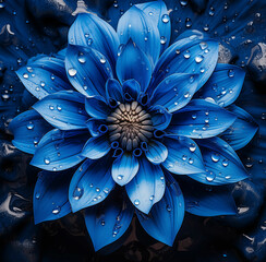 Blue dahlia flower with water droplets